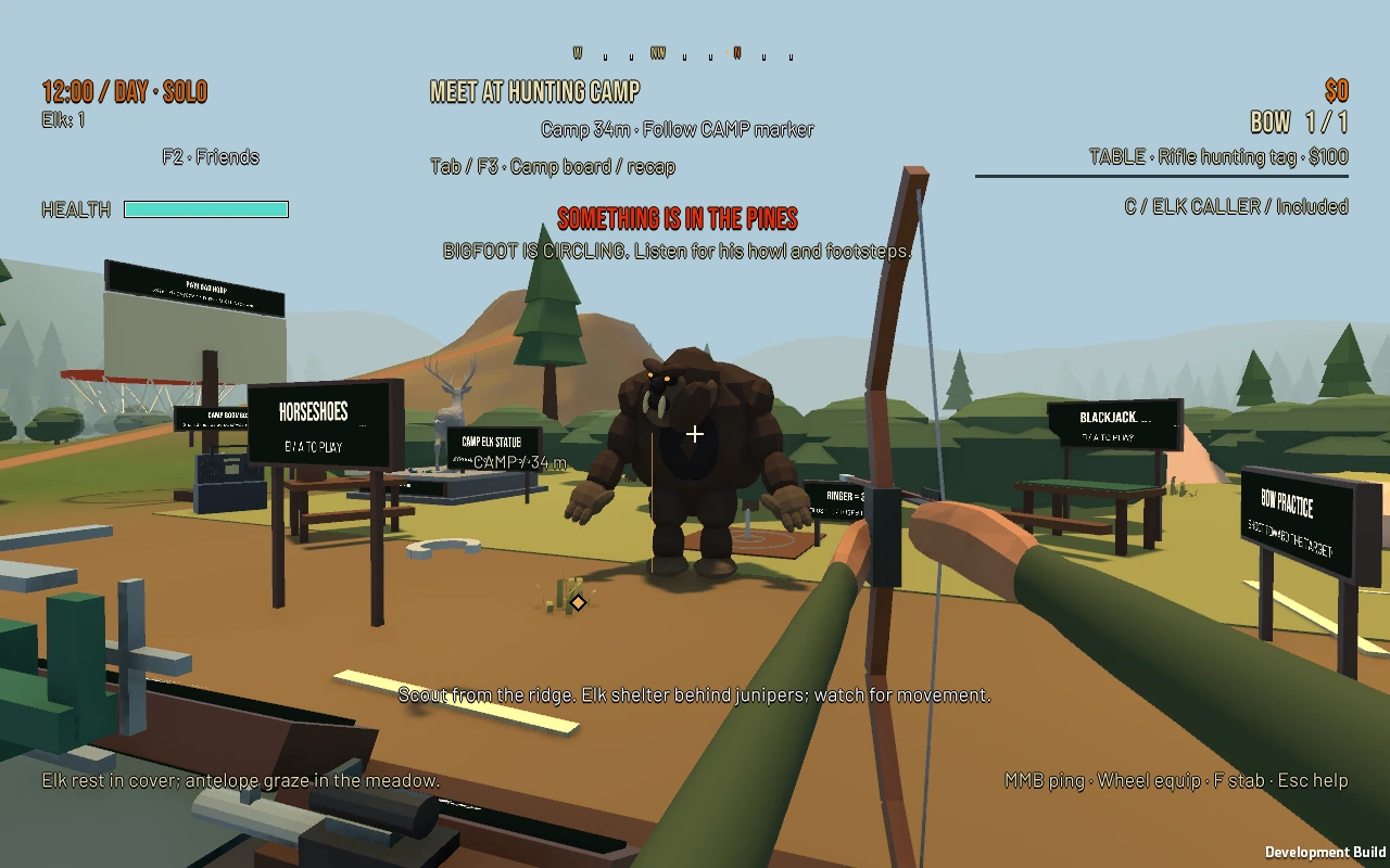 First-person bow facing a creature beside camp in daylight, with the work-in-progress game HUD.