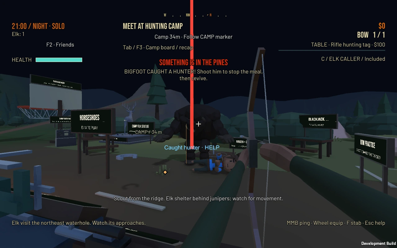 A creature at camp at night, with a bow and a rescue warning on the work-in-progress game HUD.
