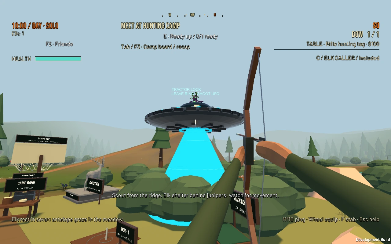 A UFO above camp with a cyan tractor beam, first-person bow and work-in-progress game HUD.
